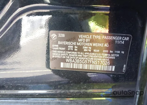 2015 BMW 328I xDrive из США, поврежденный, VIN WBA3B5G57FNS17026